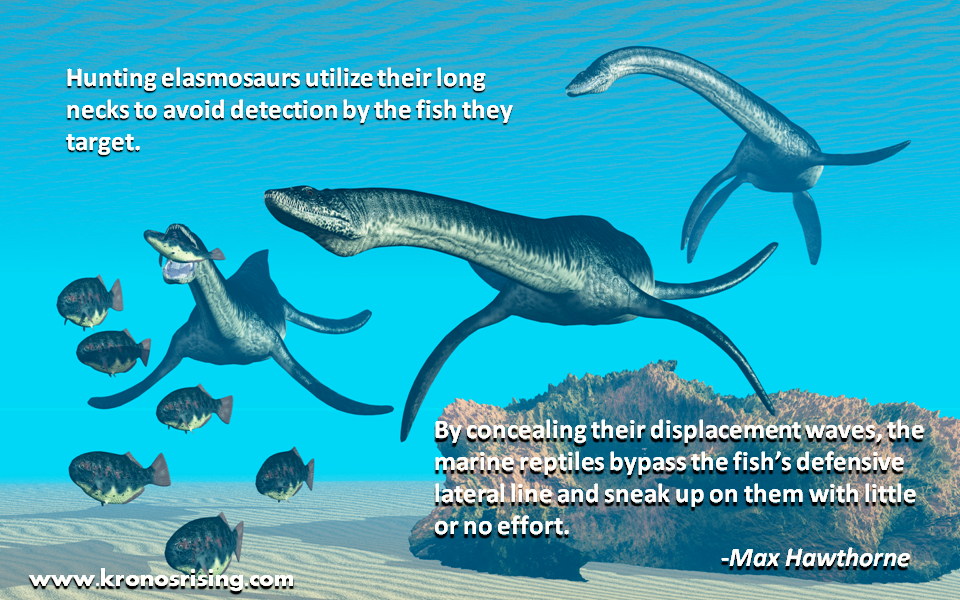 A group of Elasmosaurs utilize their long necks to allow them to "graze" on fish.